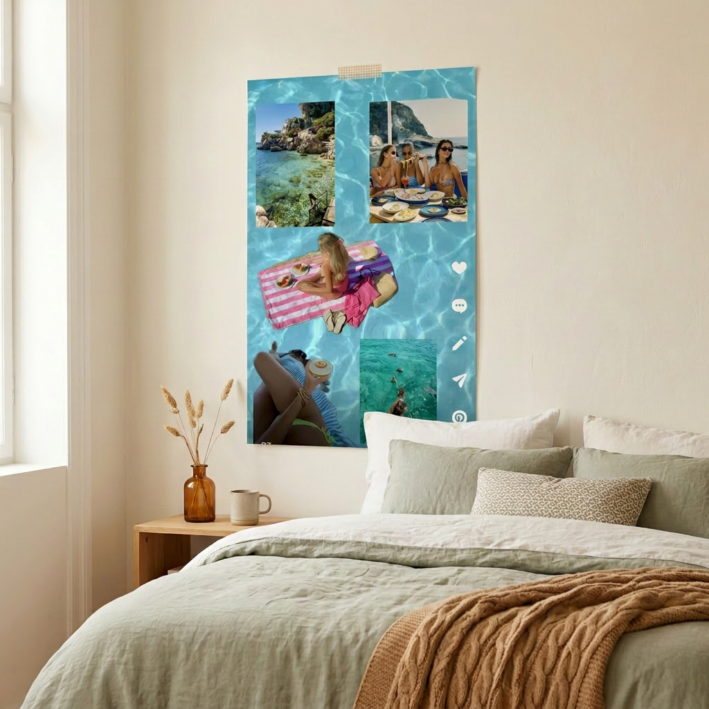 Photo collage on bedroom wall