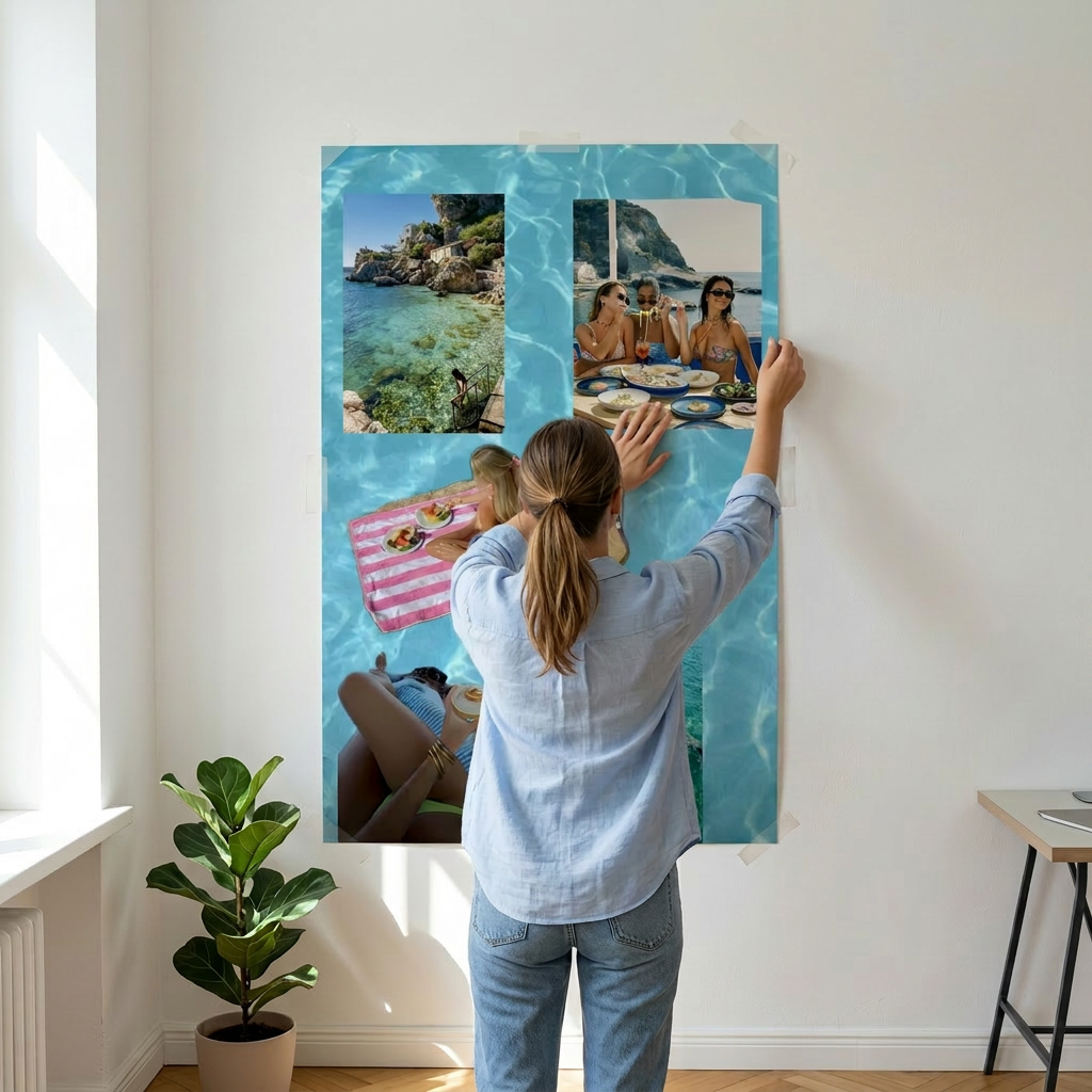 Friends arranging photo wall