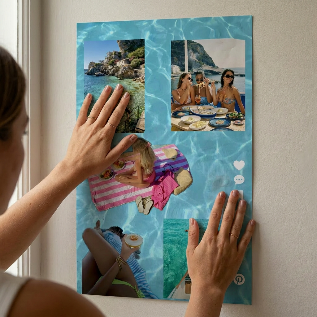 Hands placing photo poster on wall